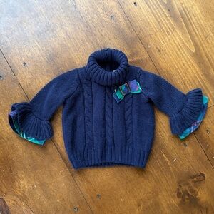 Janie and Jack Navy Cable Knit Plaid Bow Sweater 6-12 months